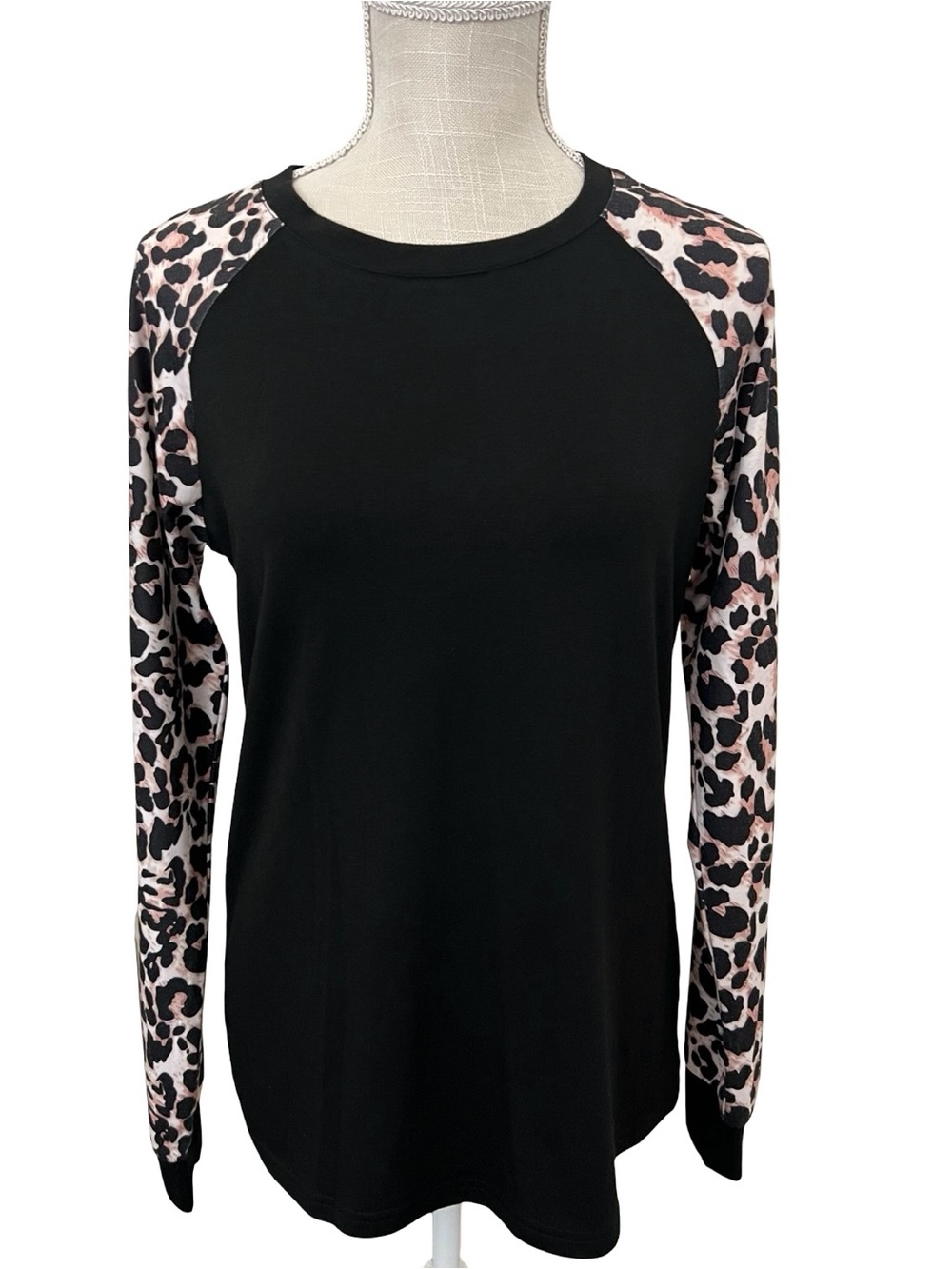 Black Long Sleeve Raglan Top with Pink Leopard Sleeves